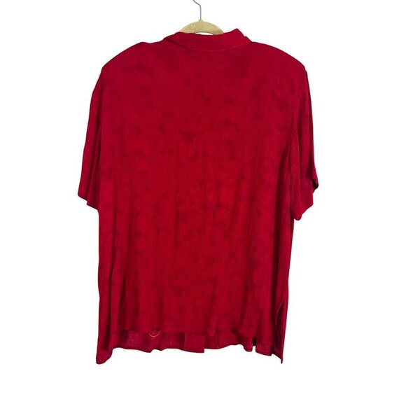 Retro Crinkle Floral Shirt 1X Red Embroidery Artsy 80s Ribbed Preppy Classic 80s - Picture 4 of 12